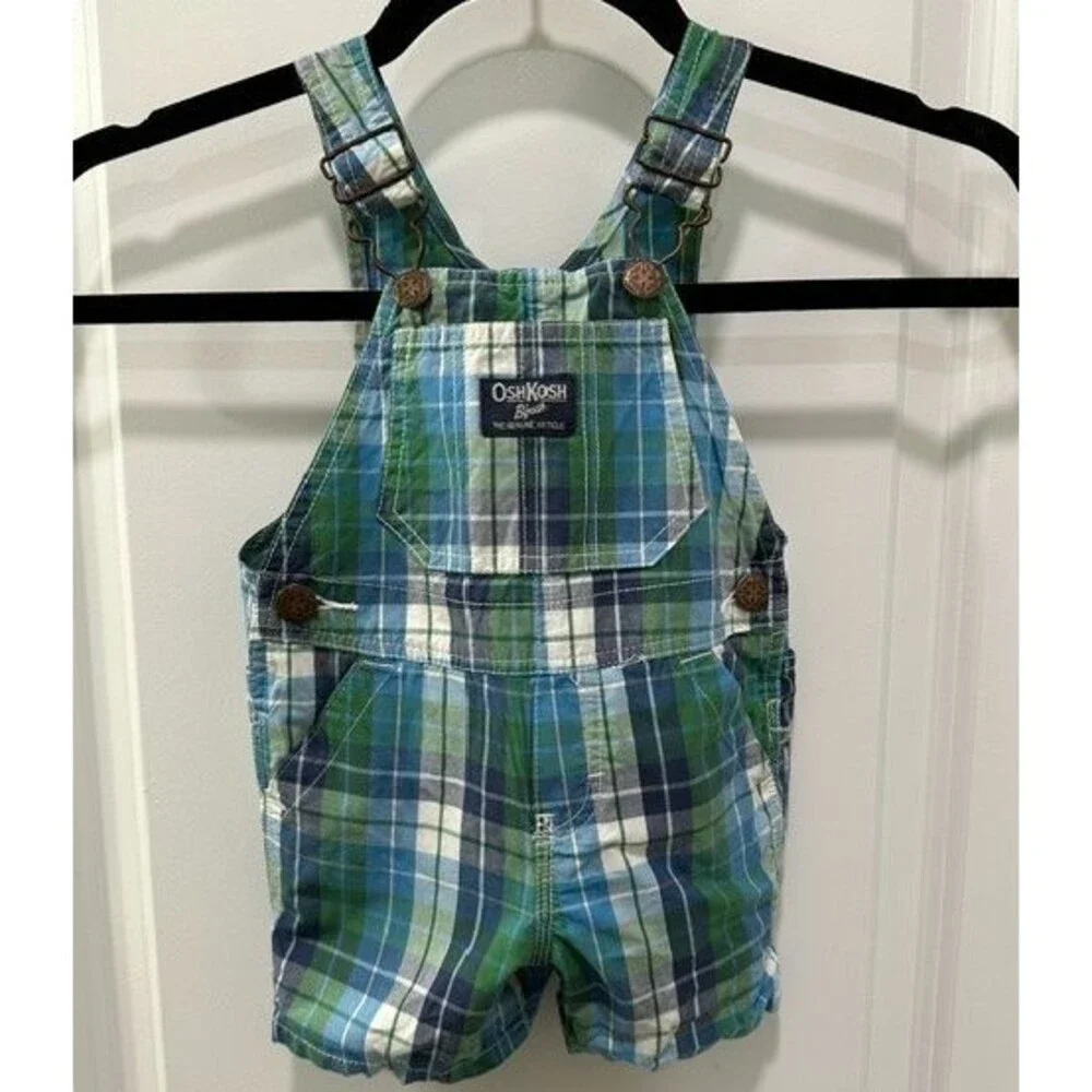 OshKosh B'gosh Baby Boy Shortalls 9 Months Blue Green Plaid One Piece 1990-2000